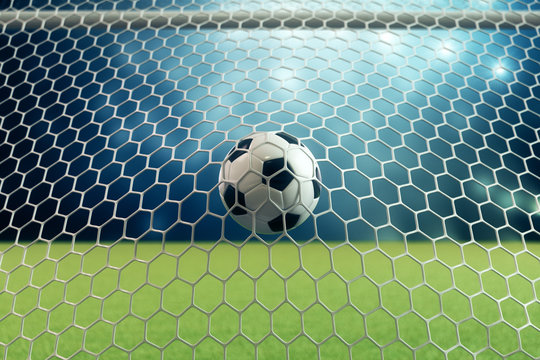 3d rendering soccer ball in goal. Soccer ball in net with spotlight and stadium light background, Success concept. Soccer ball on blue background with grass.