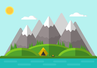 Vector illustration. Summer mountain landscape with a tent and a fire. Flat design.