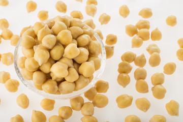 Chickpea grains (Cicer arietinum) in bowl isolated on white background