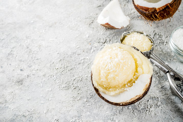 Summer healthy dessert, organic vegan coconut ice cream served in halves of coconut and ice cream cones, gray concrete background