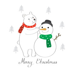 Cartoon cute polar bear and snowman vector.