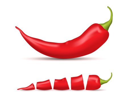 Realistic Detailed 3d Whole Red Hot Chili Pepper and Slice Set. Vector