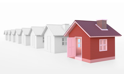 Red house in real estate property image and housing development or community. Isolated on white background with clipping path. House 3d render.