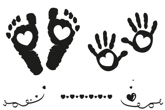 Twin baby girl and boy feet and hand print arrival card black and white background