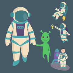 Vector astronauts in space, working character and having fun spaceman galaxy atmosphere system fantasy traveler man.