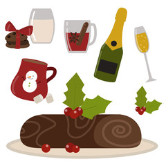 Set of traditional christmas food and desserts holiday decoration xmas sweet celebration dessert vector illustration.