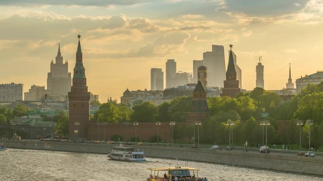 Moscow city skyline sunset timelapse at Kremlin Palace Red Square and Moscow River, Moscow Russia 4K Time Lapse