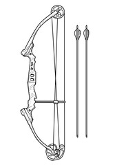 Compound bow illustration, drawing, engraving, ink, line art, vector