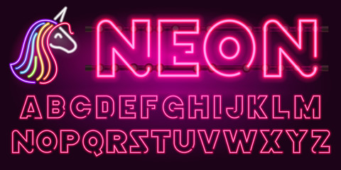80 s purple neon retro font and unicorn. Futuristic chrome letters. Bright Alphabet on dark background. Light Symbols types. Sign for night show in club. concept of galaxy space. Outlined version. - obrazy, fototapety, plakaty