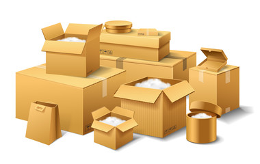 Pile of realistic stacked cardboard box. Brown delivery. Empty Carton, open and sealed package with on transparent white background. Organized by layer. Container for shipping, transportation and mail