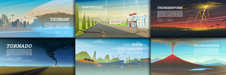 Set of natural disaster or cataclysms. Catastrophe and crisis Background. Realistic Tornado or storm, Lightning Strike, Rain Thunderstorm, Volcano eruption, Flood and Earthquake, Tsunami and Big wave.