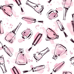 Watercolor seamless pattern with nail polish. Fashion illustration