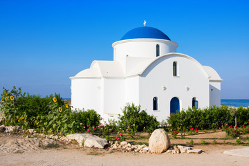 The multi Denominational Church of St Nicholas on a shore closeup in Paphos, Cyprus