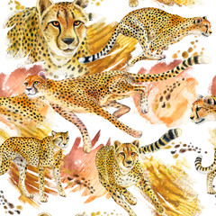 Cheetahs running. Seamless Pattern. Cheetah on the run. Wallpaper. Wild cat islated on white background. Watercolor. Illustration. Template. Handmade. Clip art.