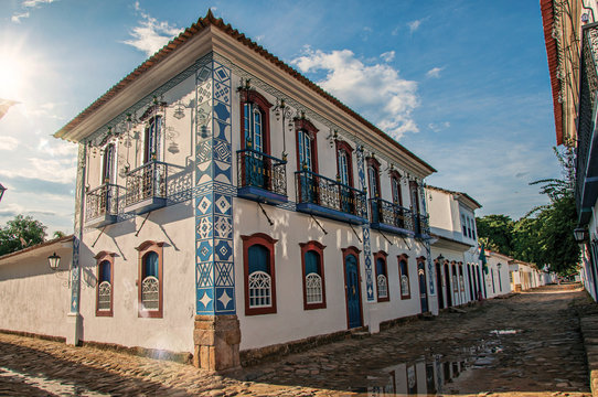South America, Brazil, Rio de Janeiro, Paraty, close-up, village, blue, sunset, sky, day, summer, old, antique, historical, Baroque, Colonial, typical, tourist, building, facade, house, townhouse, twi