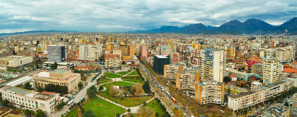 TIRANA,ALBANIA/DECEMBER 11,2017: The center of Tirana from top. - obrazy, fototapety, plakaty
