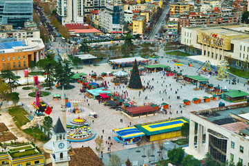 TIRANA,ALBANIA/DECEMBER 11,2017: The central square of Tirana. - obrazy, fototapety, plakaty