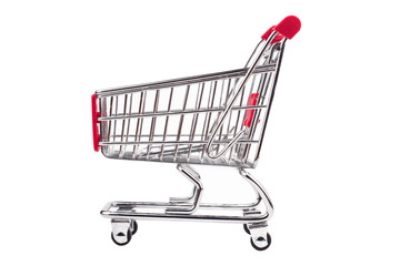 small aluminum shopping cart on white background