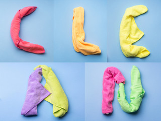 Word Clean written with cleaning cloths as letters on blue pastel background. Collage image