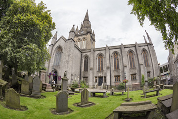 Fototapeta na wymiar Beautiful view of the Kirk of Saint Nicholas Uniting and a graveyard in Aberdeen, Scotland.