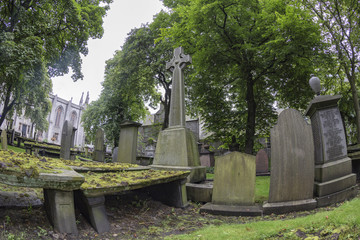 A celtic cross in the cemetery of the Kirk of Saint Nicholas Uniting in Aberdeen, Scotland.