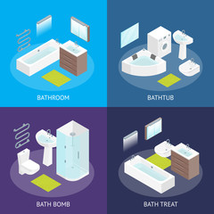 Furniture Bathroom Interior Banner Card Set Isometric View. Vector