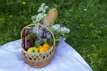 Basket with fruits for a picnic. Picnic in the park on the grass