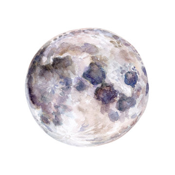 Moon satellite of planet earth, isolated on white background. Watercolor illustration. Template. Handmade.