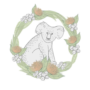Hand drawn koala in a circle of leaves and flowers of eucalyptus.  Vector sketch  illustration.