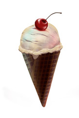 Summer minimalism illustration, creative concept. Digital hand drawn vanilla ice cream in the waffel chocolate cone with with cherry. Summer dessert. Poster, banner, flyer, card. 