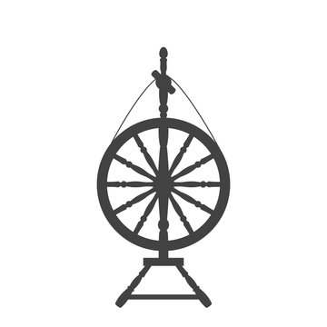 An antique spinning wheel icon in the style of a flat design.