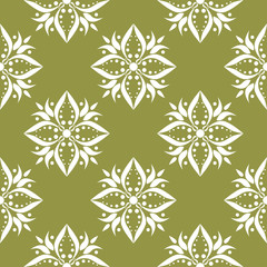 White flower on olive green background. Seamless pattern