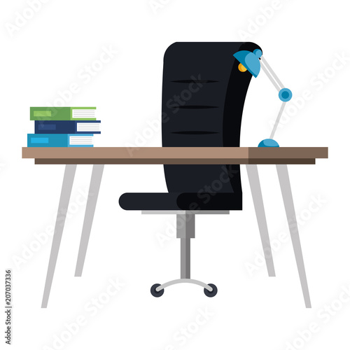 Desk With Books And Lamp Office Scene Vector Illustration Design