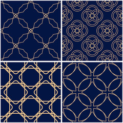 Fototapeta premium Geometric patterns. Set of golden blue seamless backgrounds