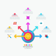 Infographic design layout with central circular element and 5 colorful arrows