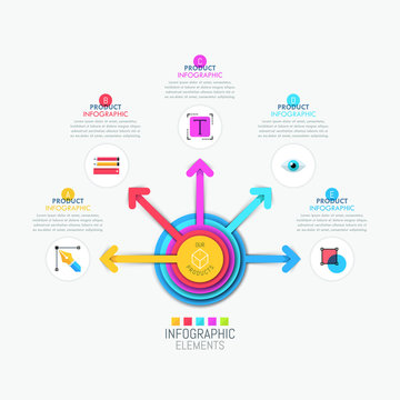Infographic design layout with central circular element and 5 colorful arrows