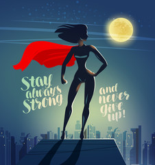 Superhero woman standing on the roof of a skyscraper. Comics cartoon vector illustration