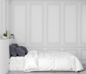 Mock up poster frame in bedroom interior background with classic wall, 3D illustration