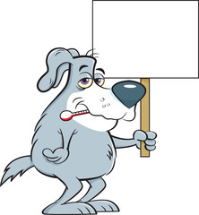 Cartoon illustration of a sick dog with a thermometer in his mouth while holding a sign.