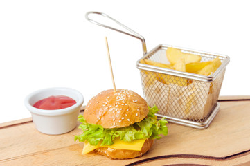 mini kid burger with juice and potato isolated on white background