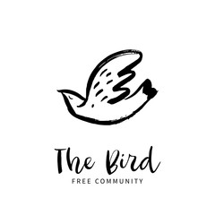 Free bird. Hand sketched bird logo. Black cut silhouette on a white background. Hand drawn design elements. Vector illustration.