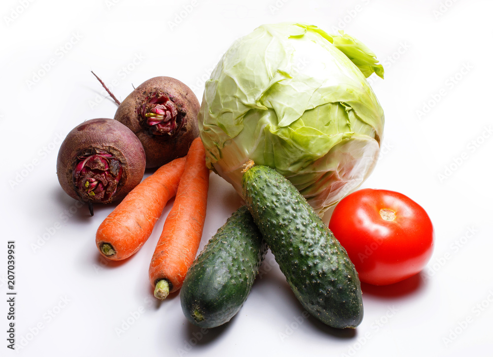 Sticker Cabbage, carrots, cucumbers, tomatoes and beets on a white background