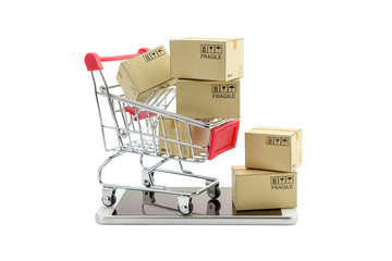 Online shopping with smart mobile device via internet concept : Red shopping cart on smart phone....