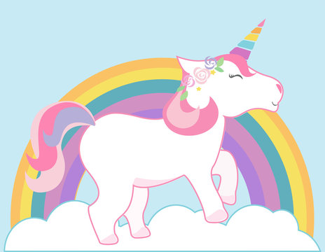 Cute unicorn and rainbow vector background. Happy colorful unicorn illustration.