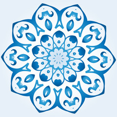 decagonal blue and white snowflake on light blue gradient background