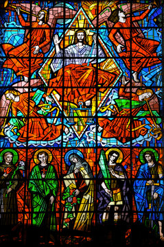 Stained glass windows with religious images in Santuario das Almas church, in the coastal city of Niteroi. Located in the Rio de Janeiro State, southwestern Brazil