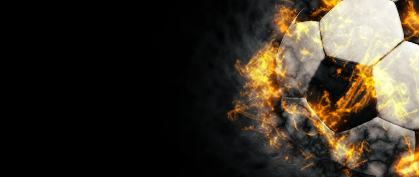 Soccer ball background. Abstract dark soccer ball background with copy space. Fire illustration.