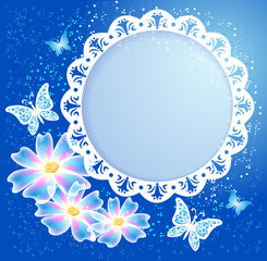 Transparent flowers with butterflies and openwork white frame