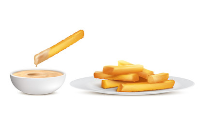 Vector realistic golden french fries, heap of fried potato sticks in white plate and bowl with sauce, isolated on background. Fastfood, crispy chips, unhealthy fatty eating to have fast snack