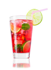 glass of cold red cocktail with straw isolated on white